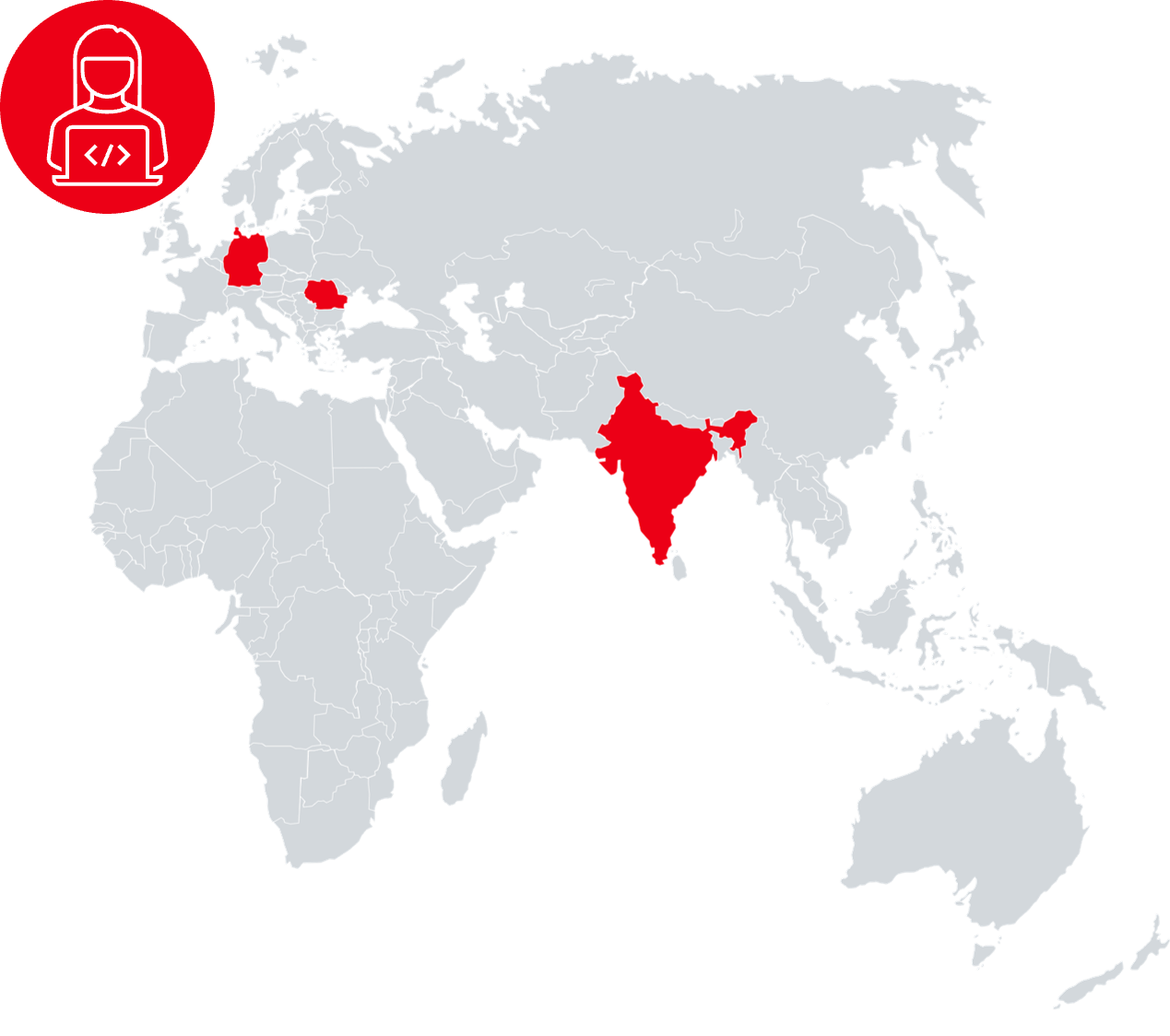 world map with Germany, Romania, India marked in red